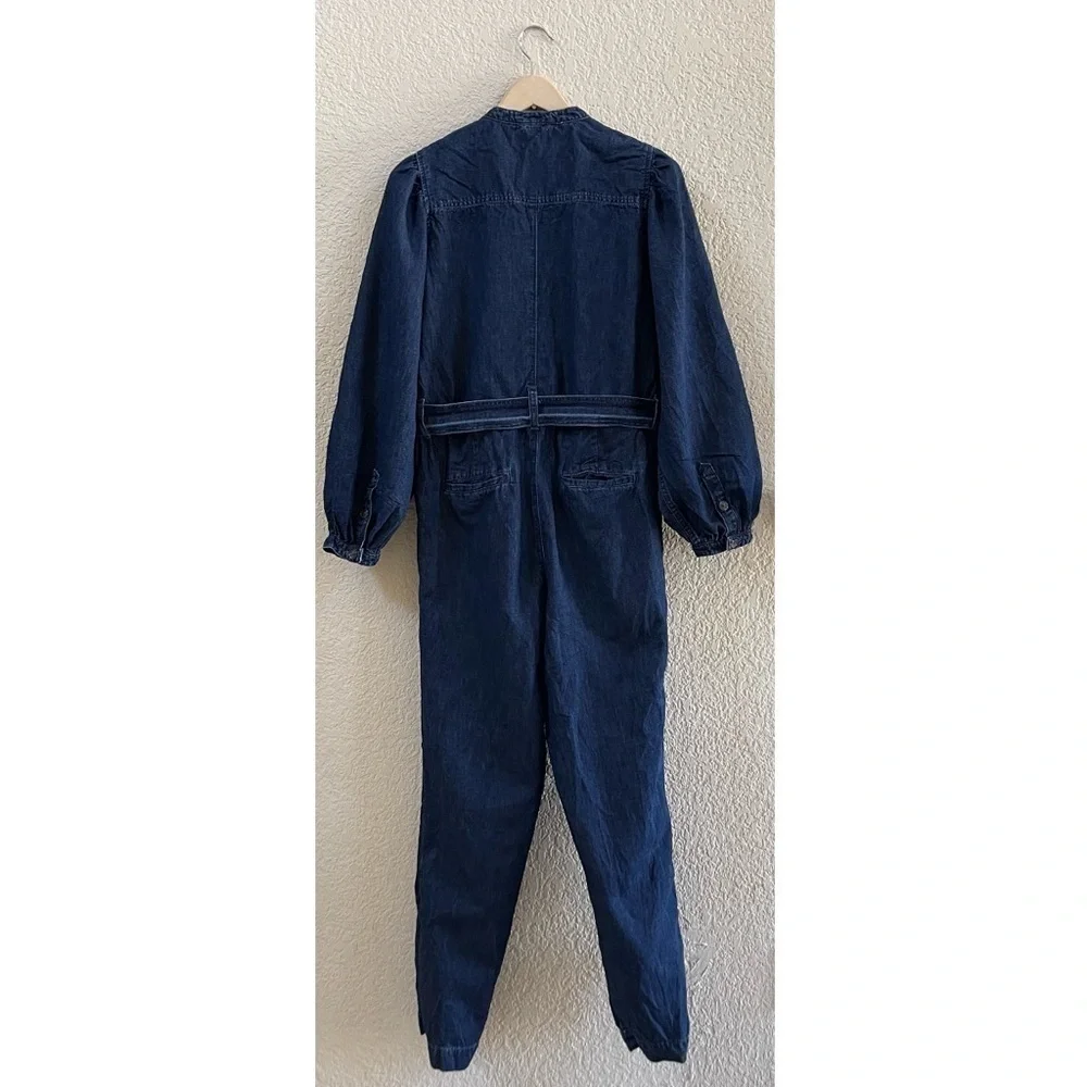 J. Crew Coverall Jumpsuit Puff Sleeve Denim Linen Casual Chic Boho Blue 10 Tall